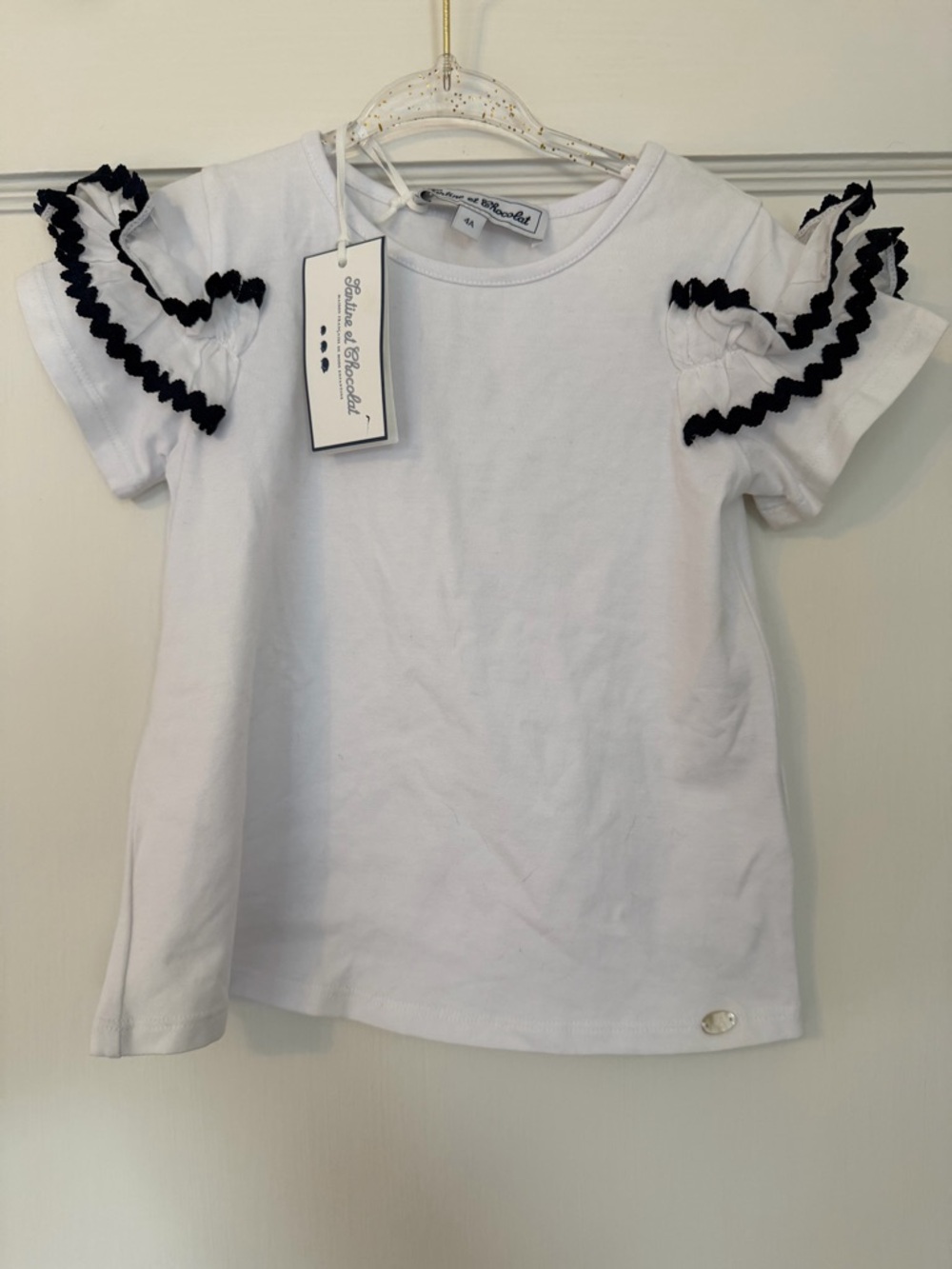 Tartine et Chocolat White Tee with Navy Ruffle Sleeves